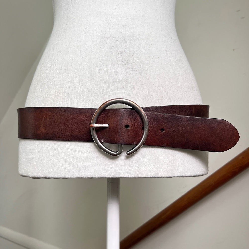 Vintage Gap Belt Large Brown Genuine Leather Wide Silver Circle Buckle 90s